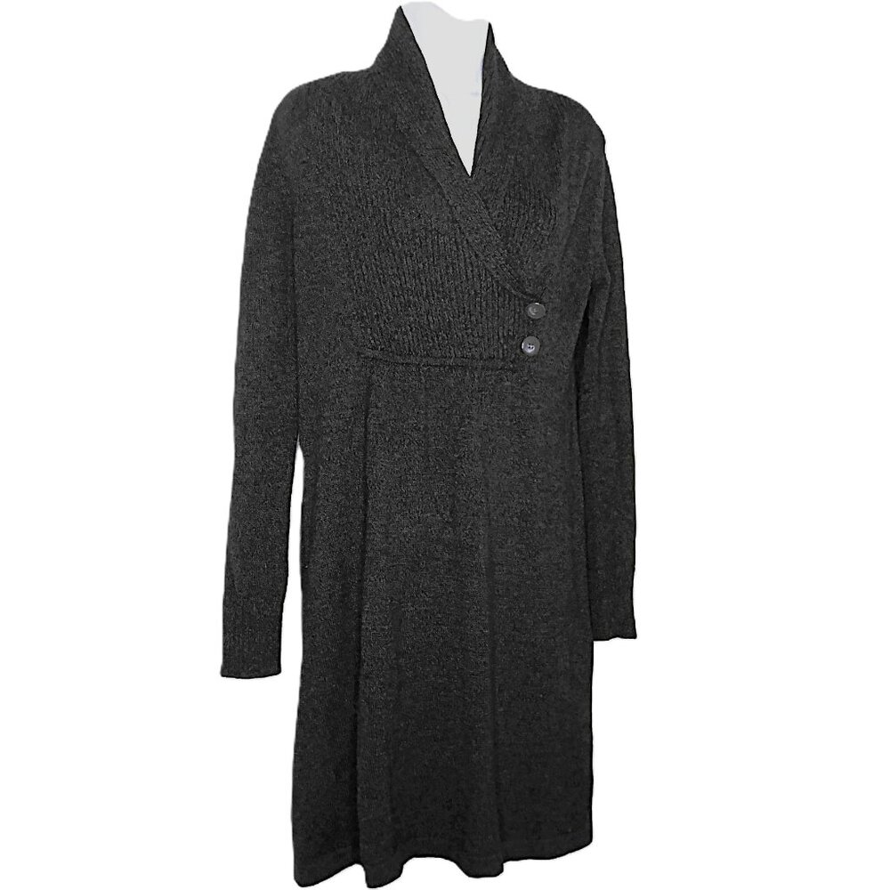 Evan Picone Dark Gray/Black Knit Sweater Dress Faux Wrap Knit Long Sleeve EUC M
